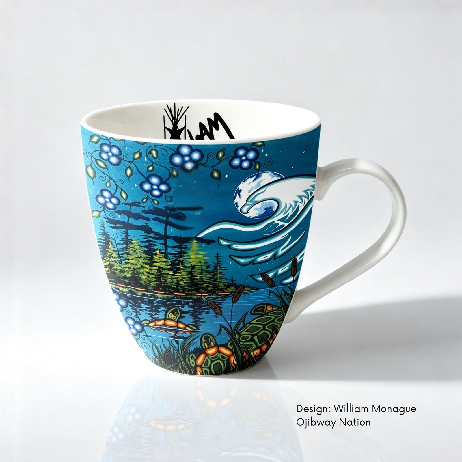 Fine bone china mug featuring Tranquility artwork by Ojibway artist William Monague, with turtles, Georgian Bay pines, flowers, moon and an eagle in a night landscape.