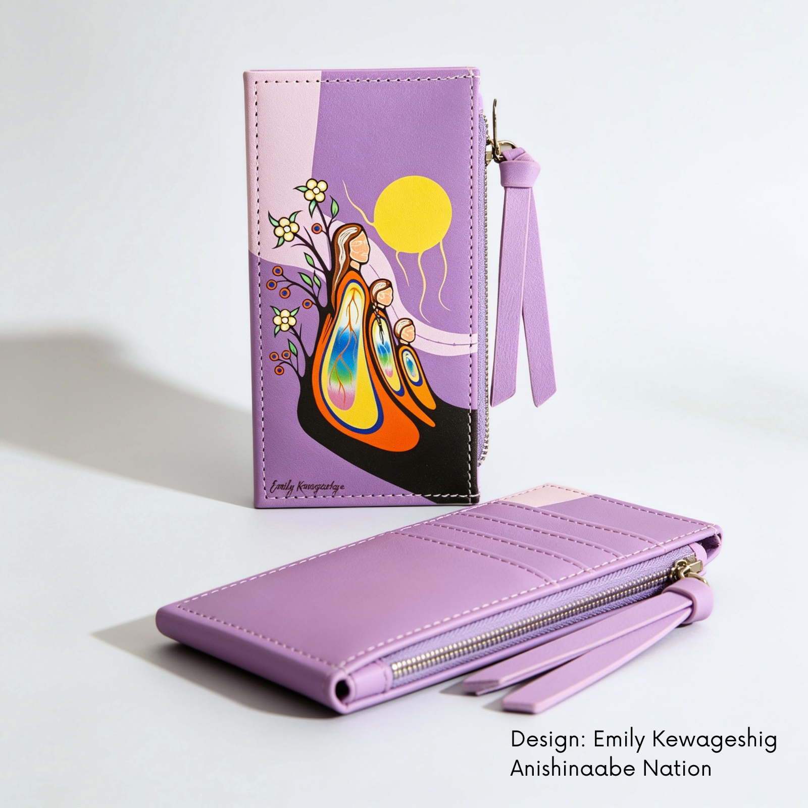 Purple synthetic leather card holder featuring a mother and two children beneath a yellow sun, shown beside four card slots and a zipped compartment.
