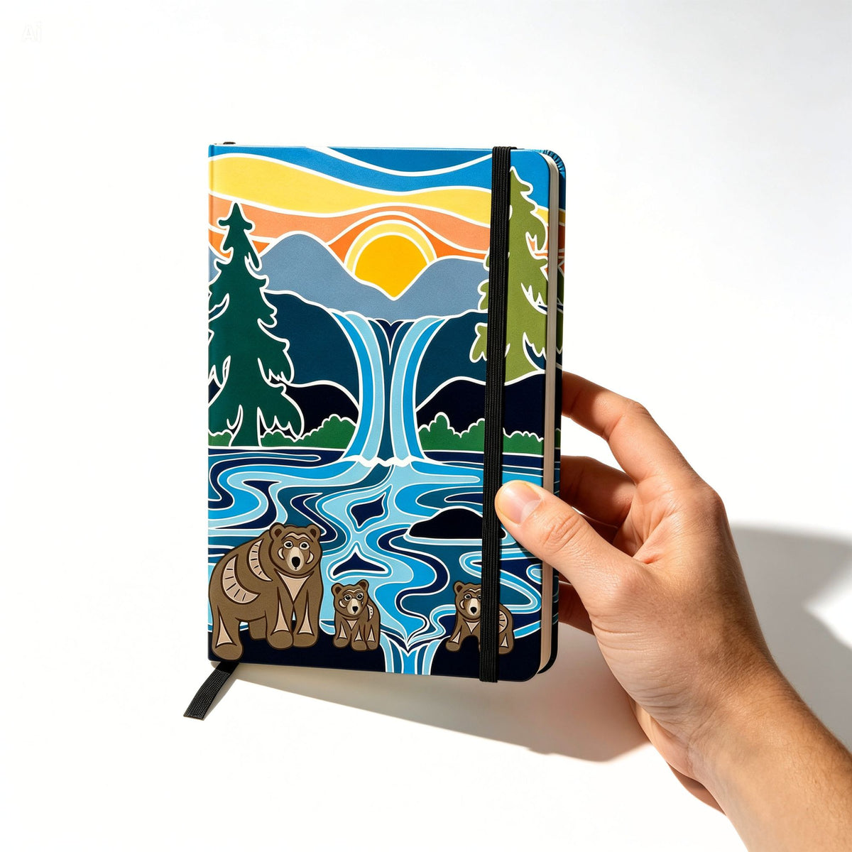 Hand holding Hardcover journal featuring Shelley Davies’ One Last Swim, with three bears beside a flowing river and waterfall beneath mountains and a setting sun.
