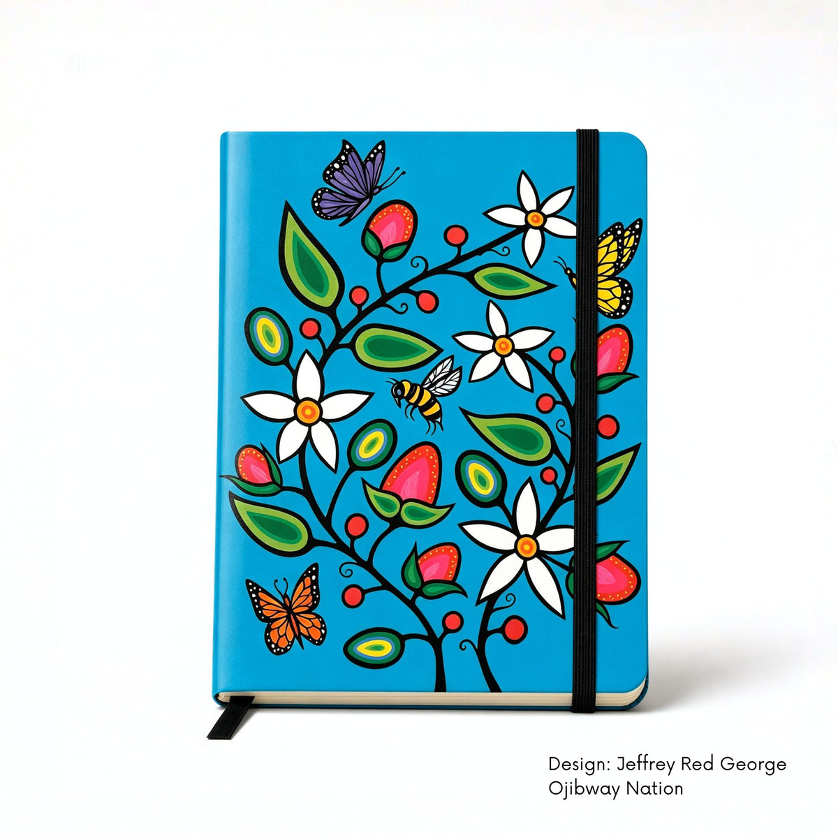 Blue hardcover journal featuring a colourful berry garden with flowering branches, green leaves, berries, butterflies and a bee.