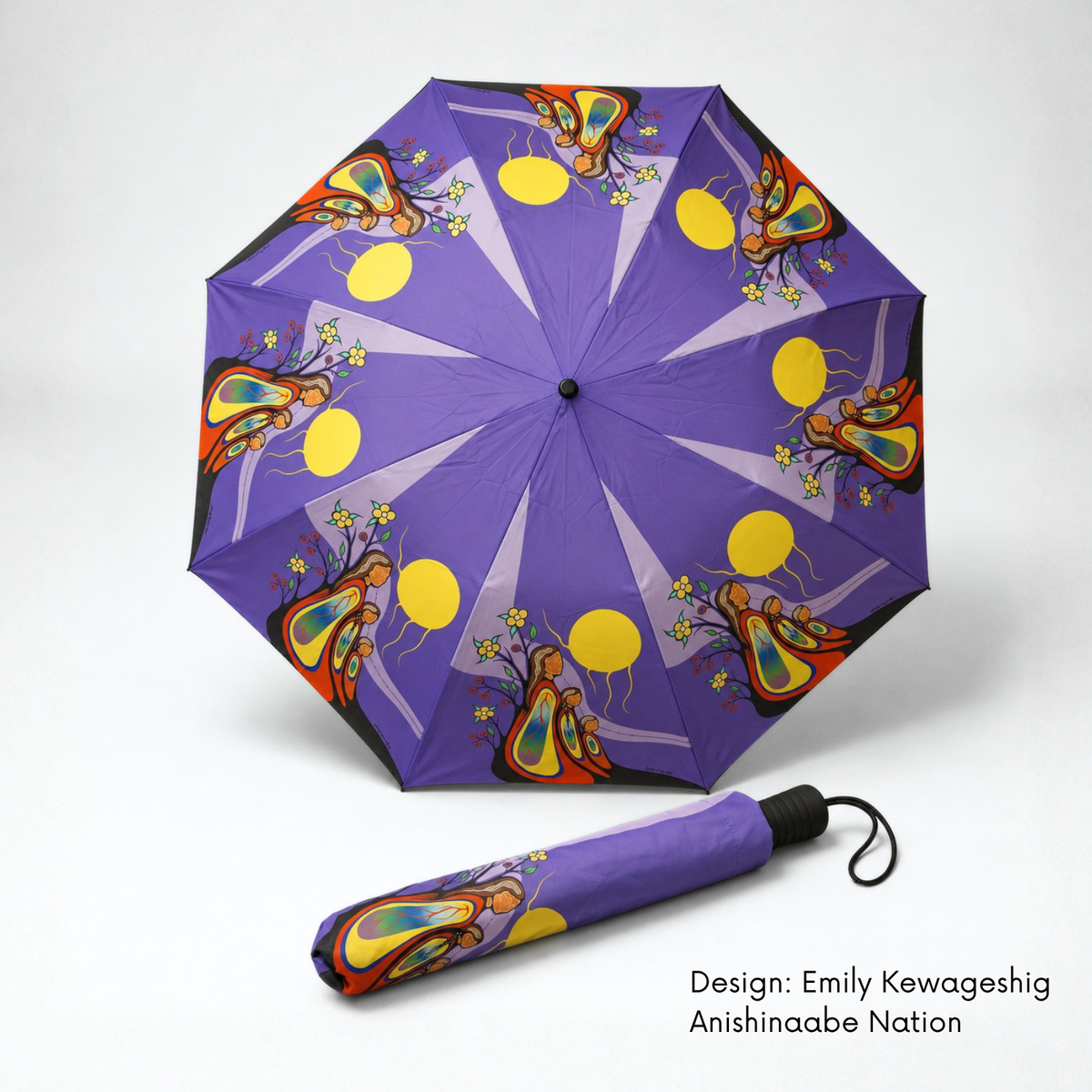 Open purple folding umbrella and matching sleeve featuring Emily Kewageshig’s colourful Gifts from Creator artwork.