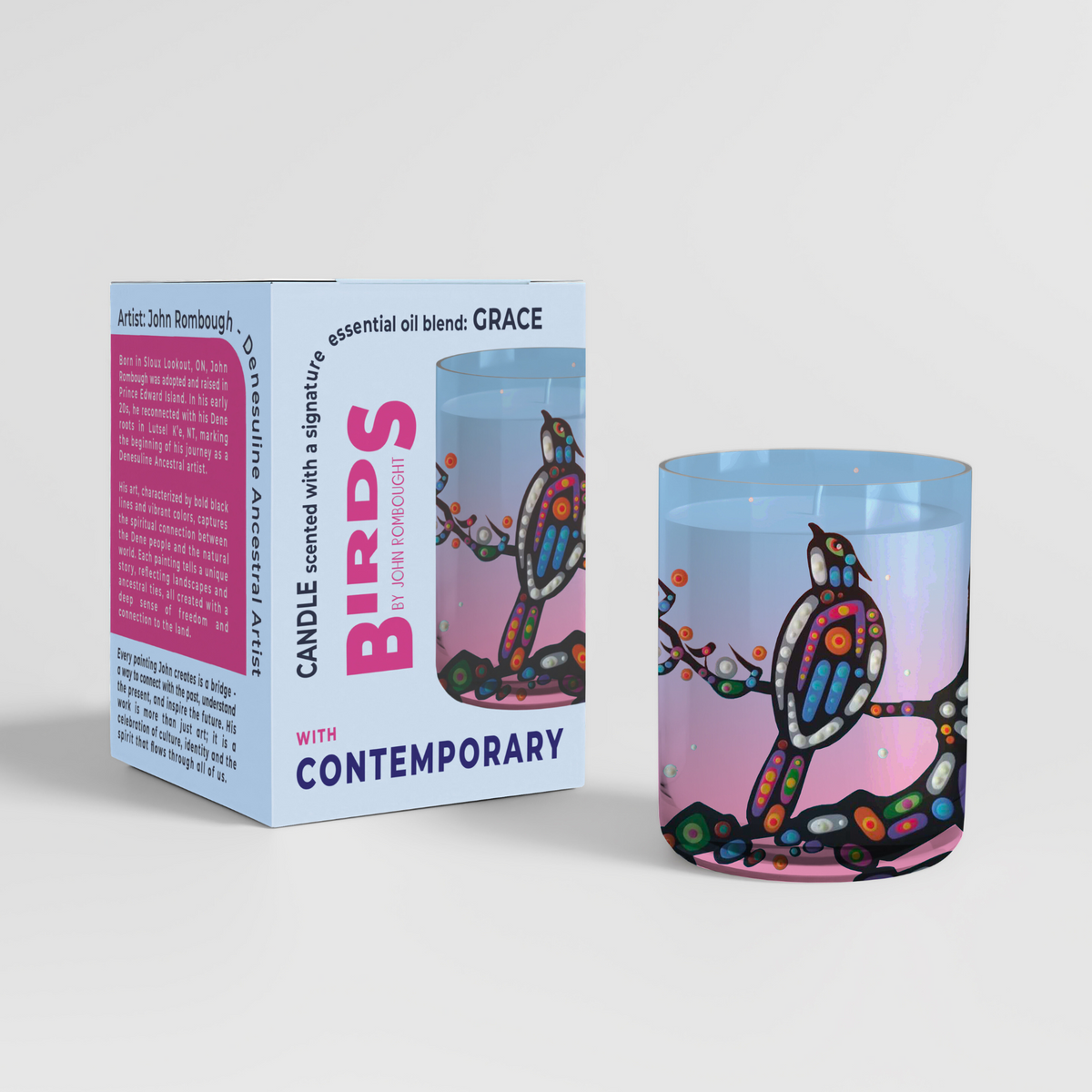 Scented Candle with 'Birds' by John Rombough (Denesuline Ancestral artist)