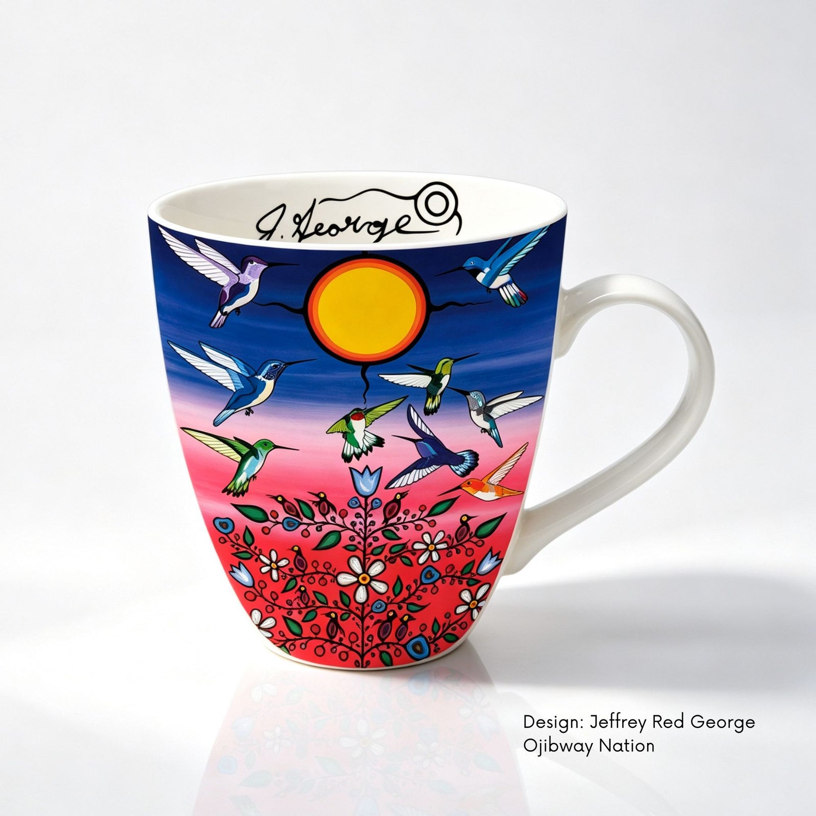 Fine bone china mug featuring Ancestors artwork by Ojibway artist Jeffrey Red George, with colourful hummingbirds, flowers and sun.