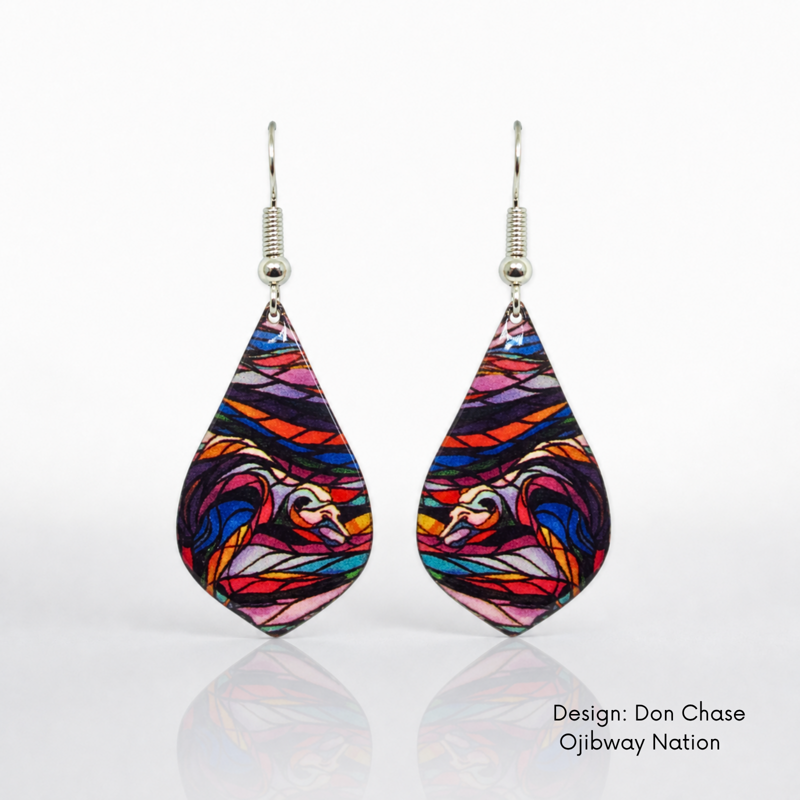 Pair of teardrop earrings featuring a bear formed from interlocking shapes in vivid red, yellow, green, blue and black.