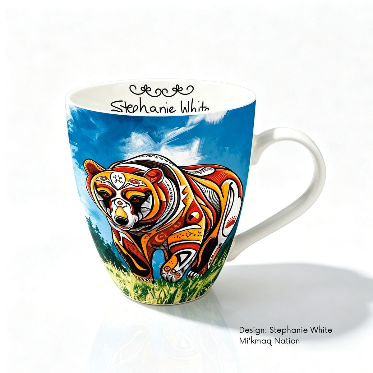 Fine bone china mug featuring Spirit Bear artwork by Mi’kmaw artist Stephanie White.
