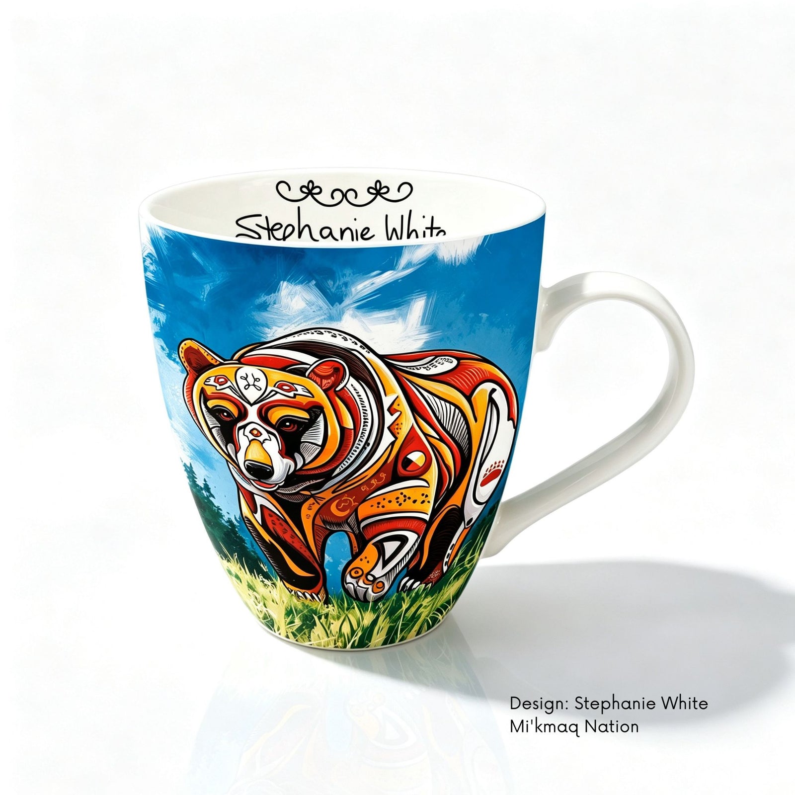 Fine bone china mug featuring Spirit Bear artwork by Mi’kmaw artist Stephanie White.
