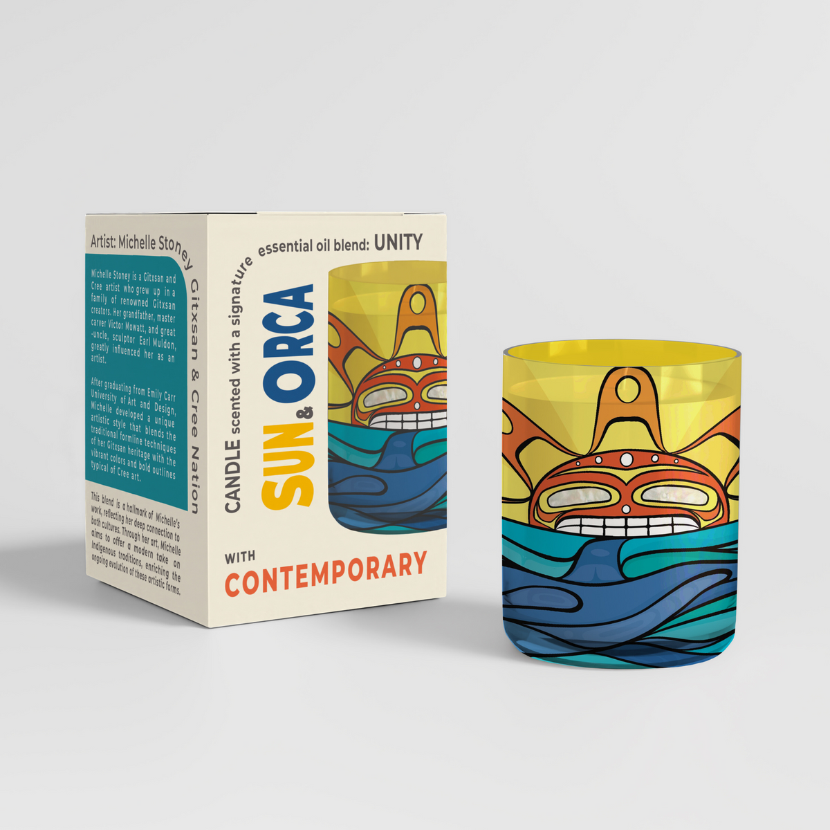 Scented Candle with 'Sun & Orca' by Michelle Stoney (Gitxsan and Cree Nation)