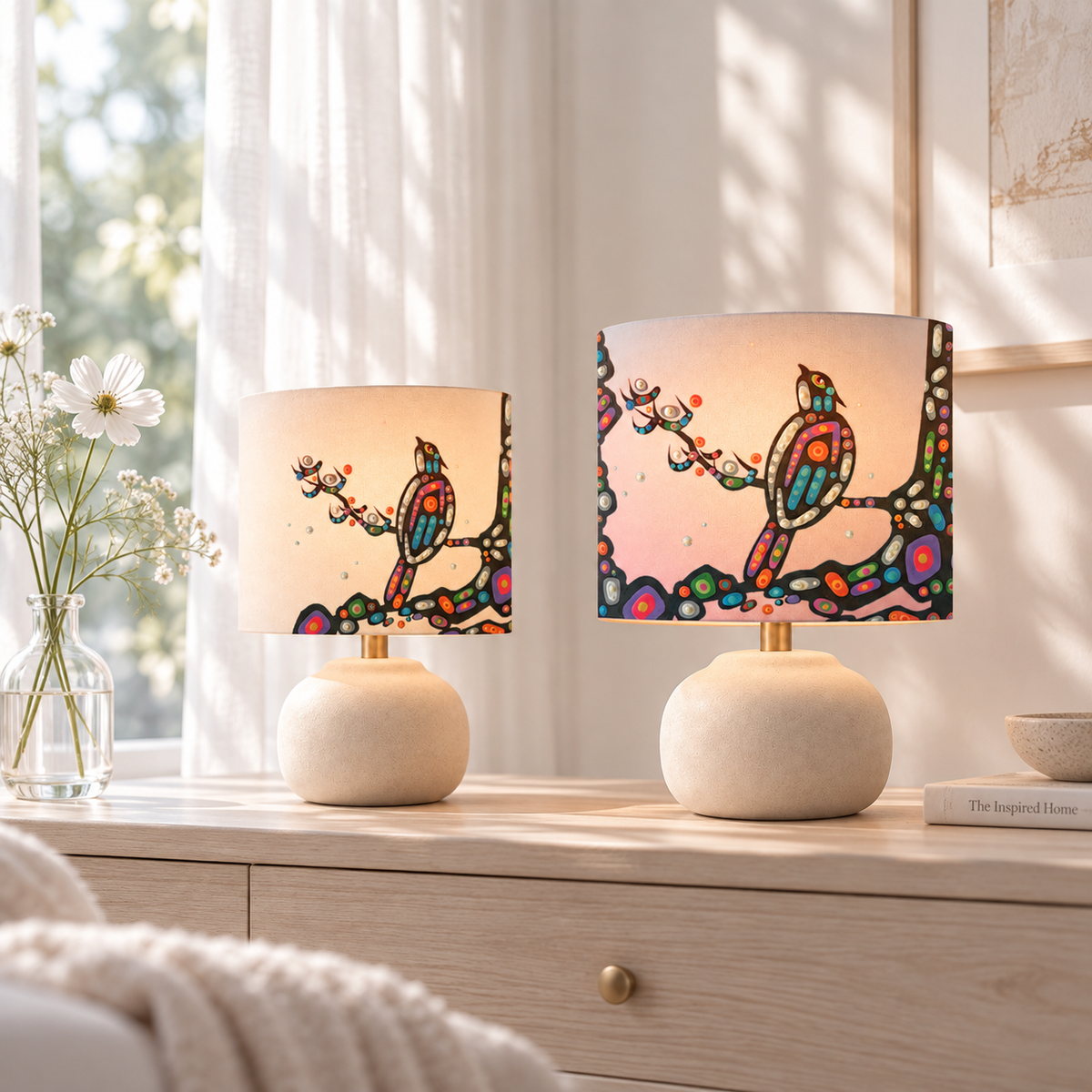 Birds Cotton Drum Lampshade | John Rombough, Chipewyan Dene