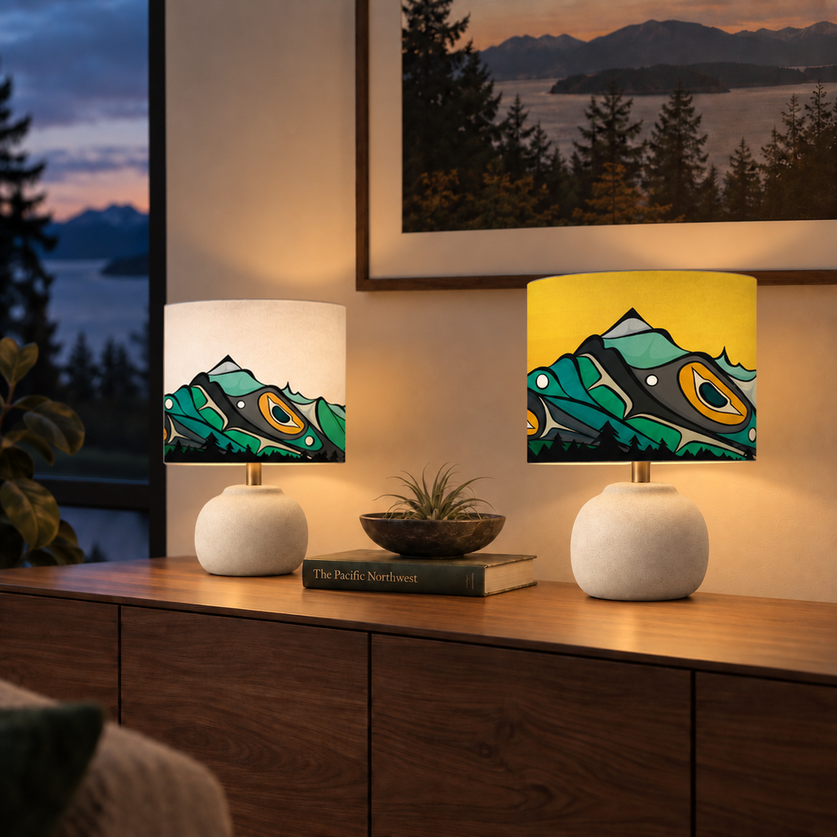 Chilkat Mountain Cotton Drum Lampshade | Michelle Stoney, Gitxsan and Cree