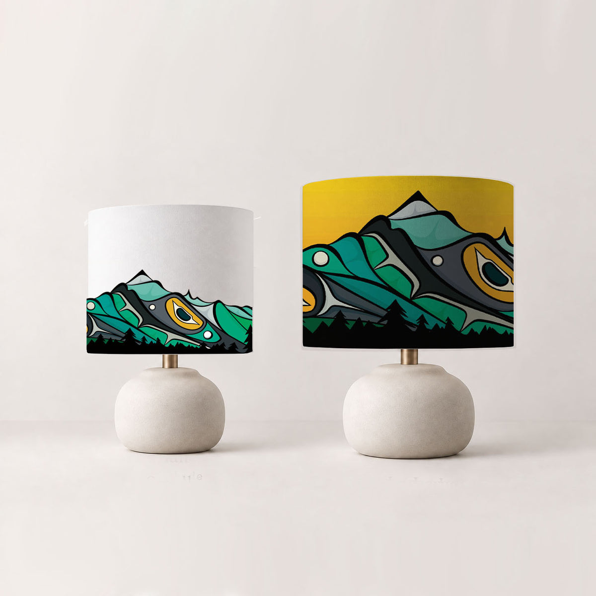 Chilkat Mountain Cotton Drum Lampshade | Michelle Stoney, Gitxsan and Cree