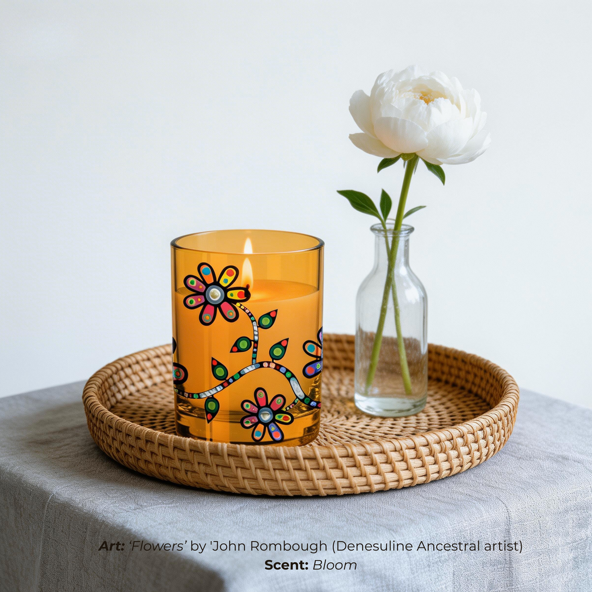 Scented Candle with 'Flowers' by John Rombough (Denesuline Ancestral artist)
