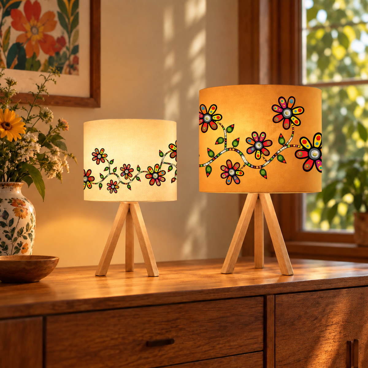 Flowers Cotton Drum Lampshade | John Rombough, Chipewyan Dene