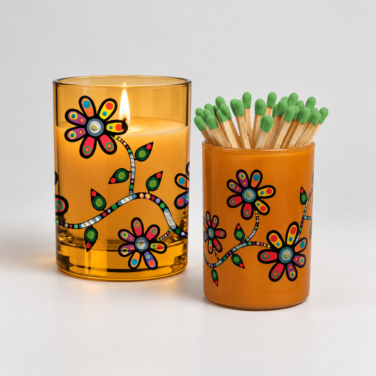 Match Holder with 'Flowers' by John Rombough (Denesuline Ancestral artist)