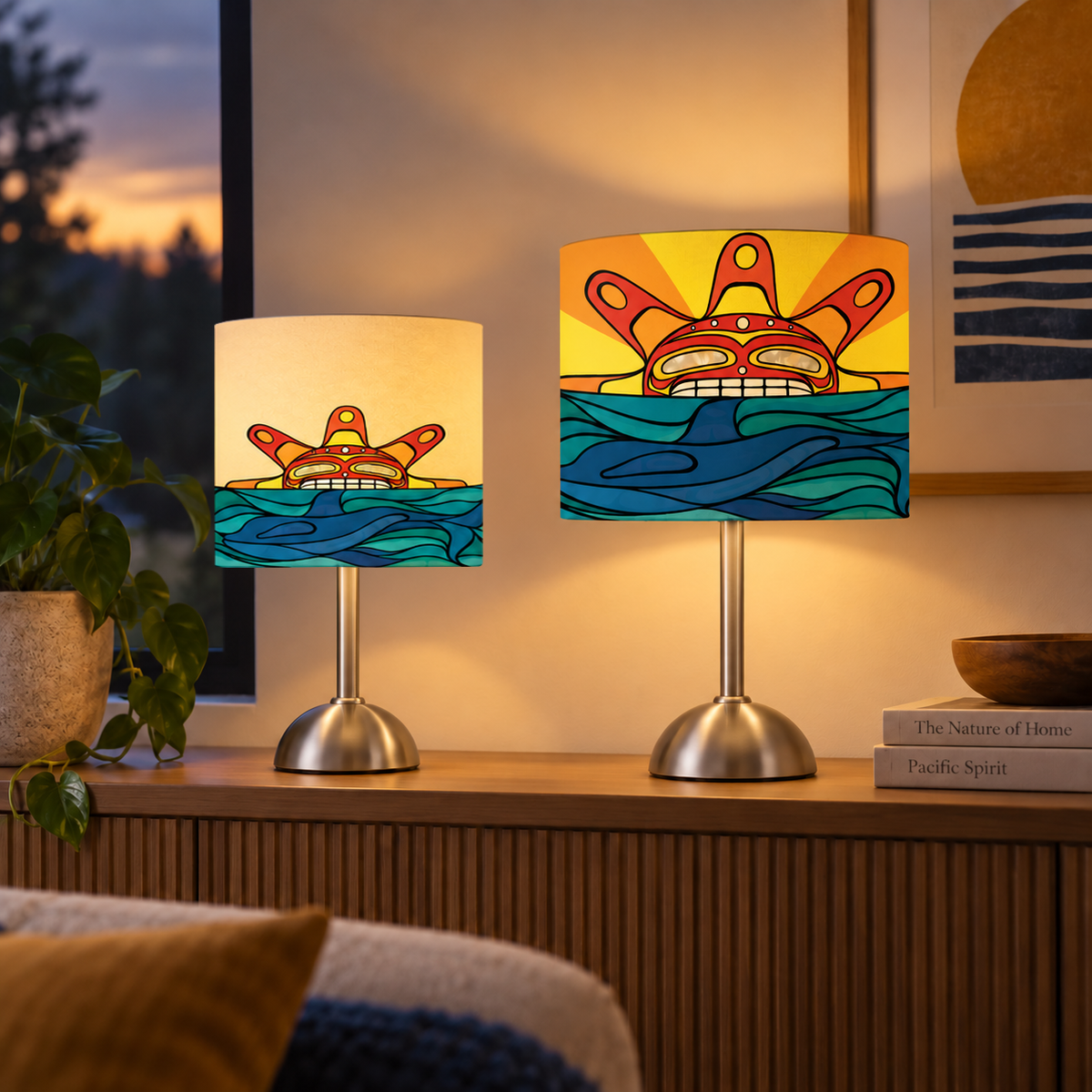 Sun & Orca Cotton Drum Lampshade | Michelle Stoney, Gitxsan and Cree