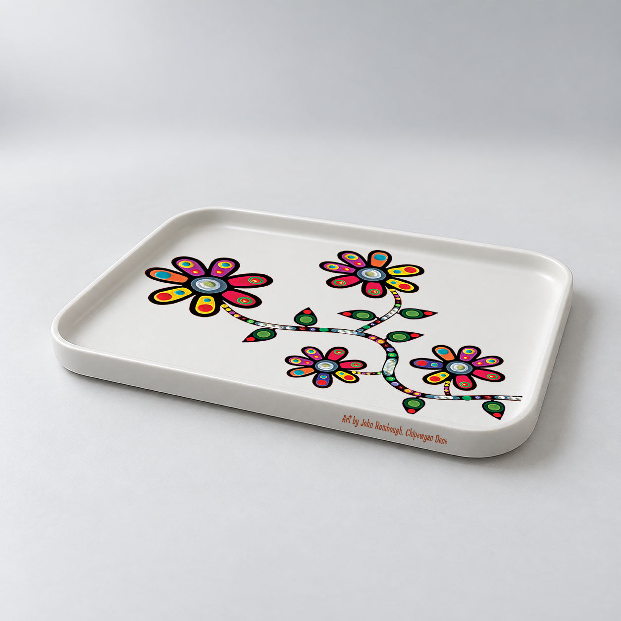 Decorative tray featuring John Rombough's Flowers artwork.