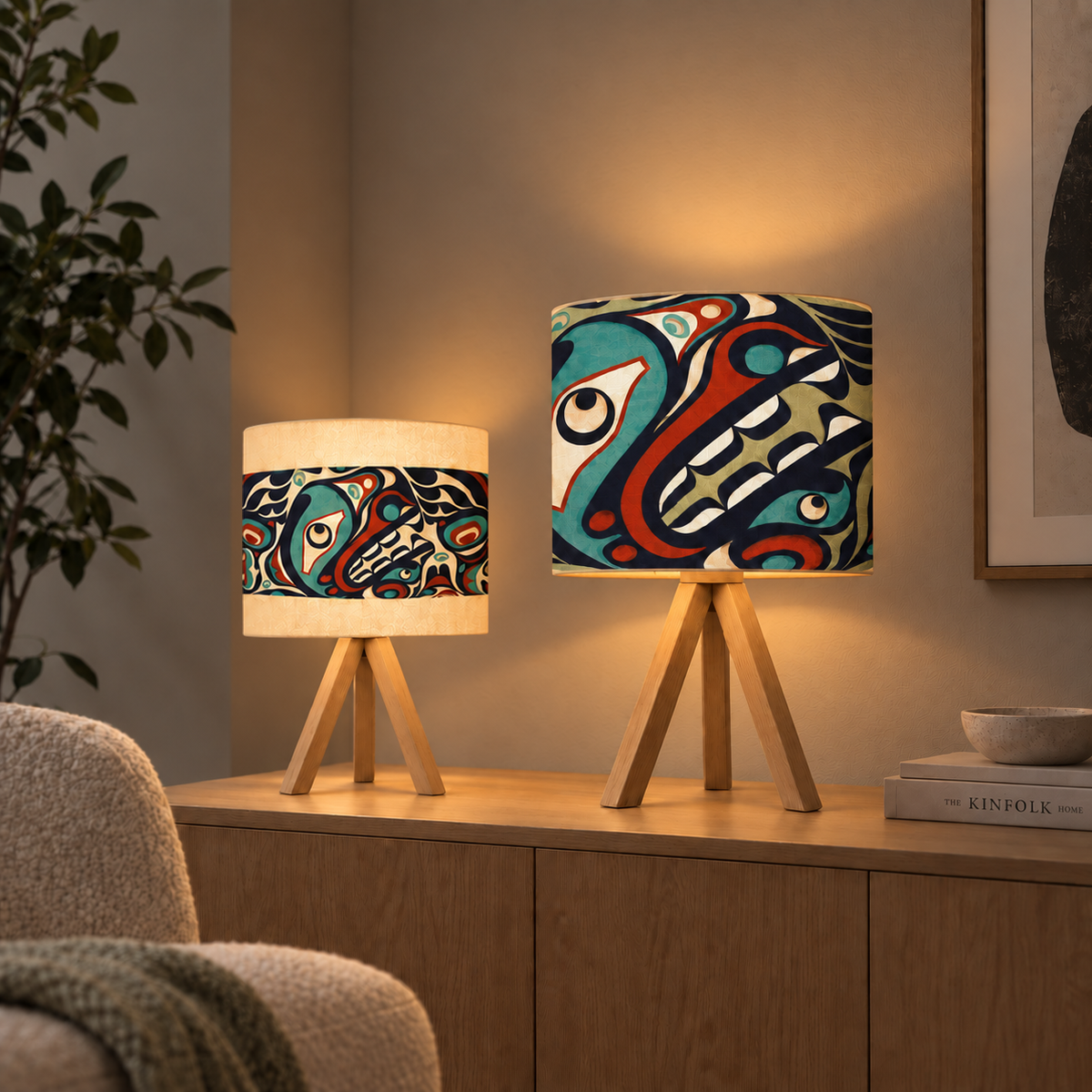 Wolf Cotton Drum Lampshade | Trevor Hunt, Kwakwaka'wakw